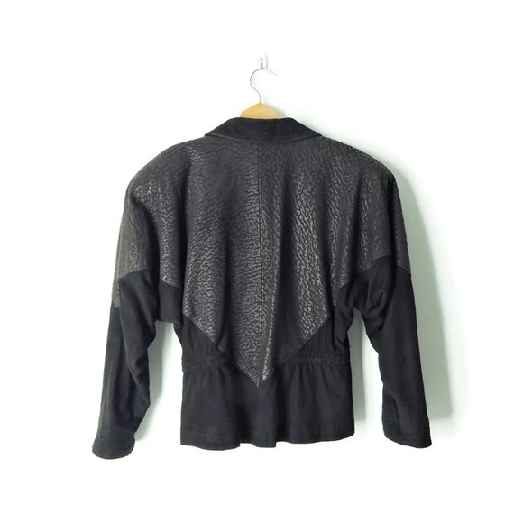 VTG 80s Black Suede Leather women's 6 Jacket big shoulders snap closure vintage - Picture 2 of 10